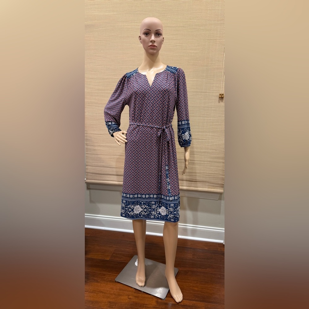 Luxology Geometric Tan and Blue Long Sleeve Dress
